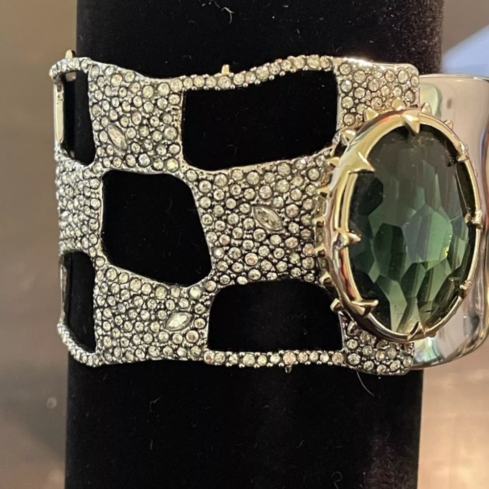 Alexis Bittar Silver Checkered bracelet with  Crystals & Green Stone Bracelet